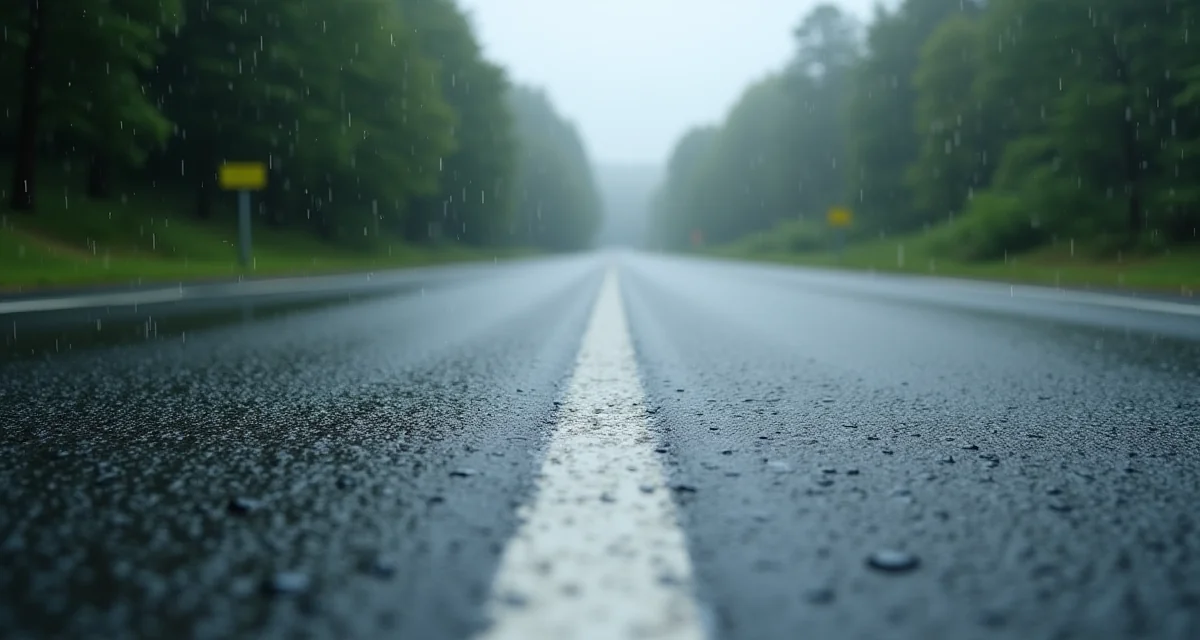 Strada con asfalto drenante poroso fresco sotto la pioggia senza acqua stagnante