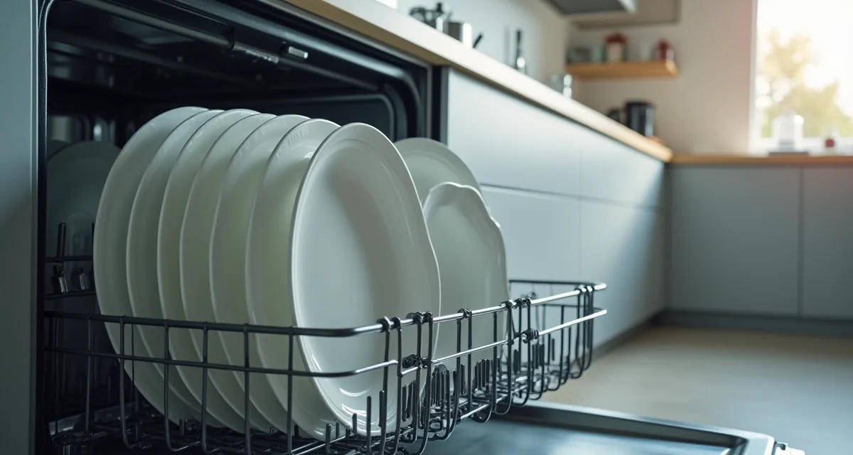 Lavastoviglie aperta con piatti puliti nel vassoio, illuminata da luce brillante in una cucina moderna