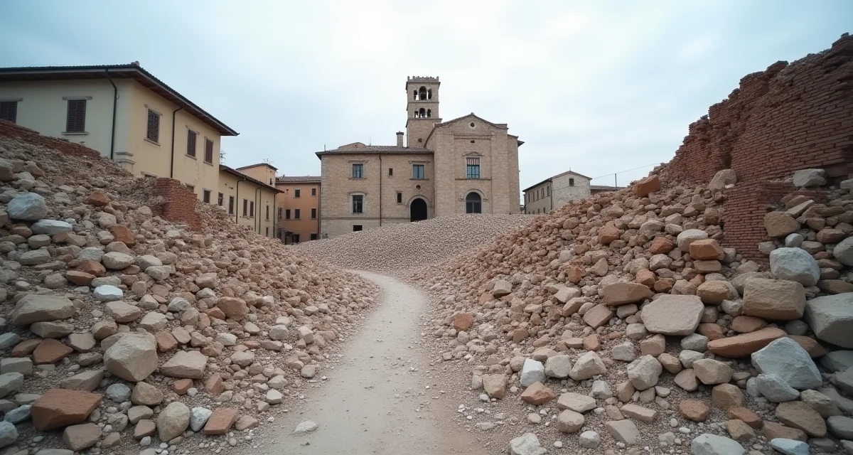Rovine di muratura crollata dopo un terremoto in un paese italiano sotto un cielo nuvoloso