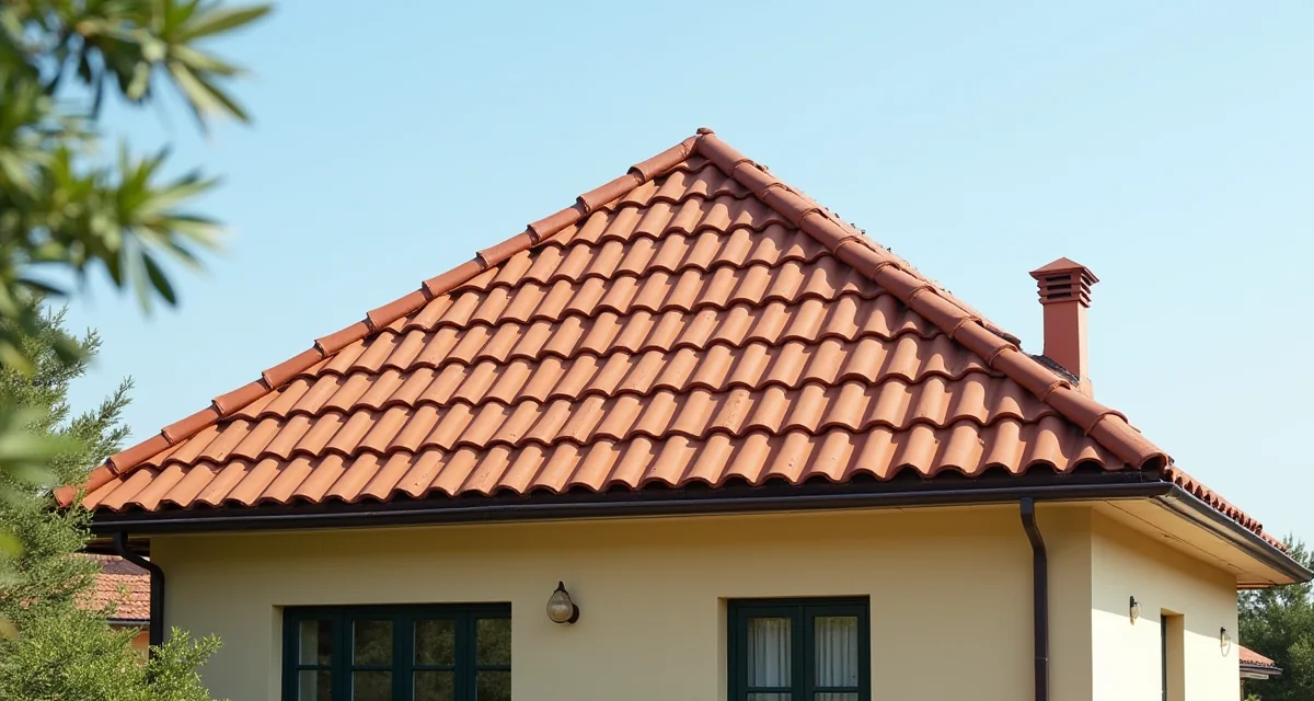 Tetto a padiglione in coppi di terracotta su casa residenziale sotto un cielo soleggiato