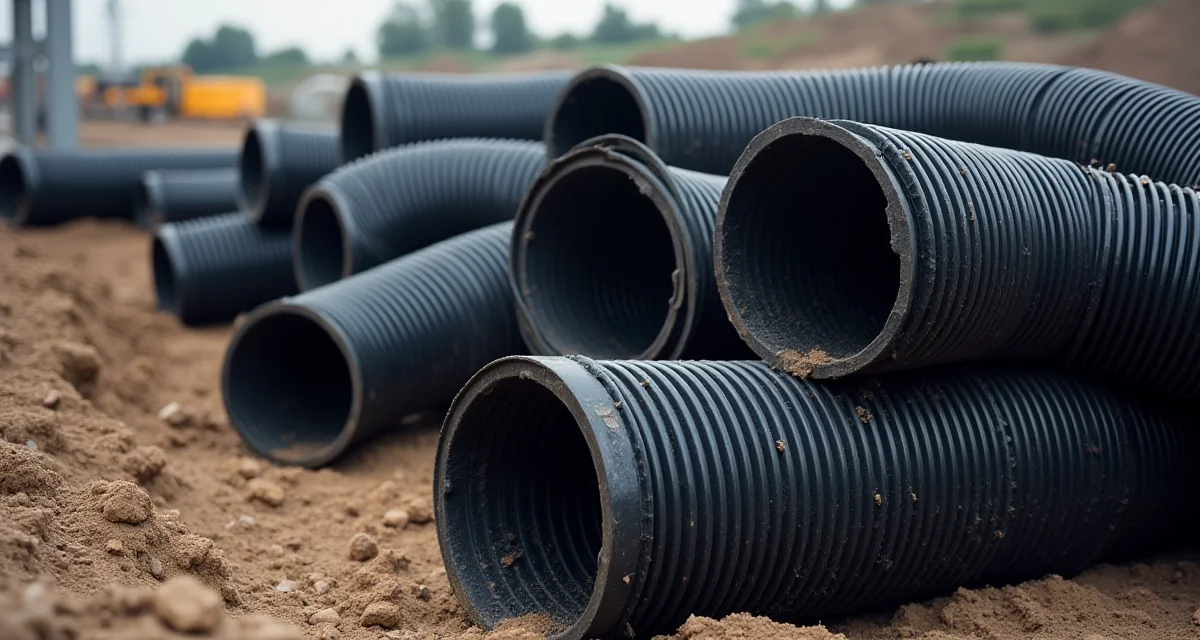 Tubi di drenaggio neri corrugati e forati arrotolati in cantiere edile