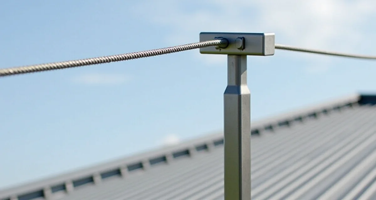 Ancoraggio in acciaio inox per linea vita su tetto spiovente con cavi di sicurezza installati