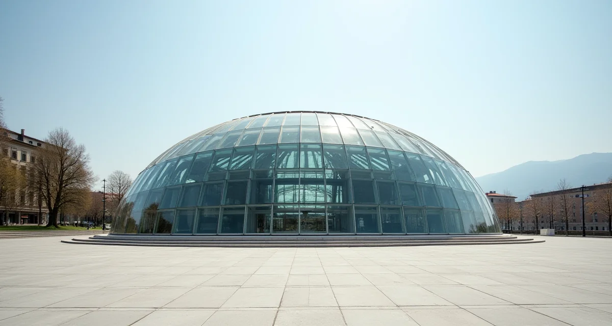 La cupola in vetro e acciaio del MART di Rovereto si eleva sulla piazza circolare sotto la luce del giorno