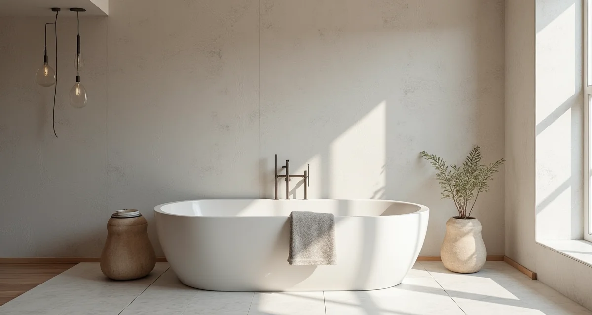 Parete bagno rivestita con intonaco marmorino lucido grigio chiaro accanto a una vasca libera illuminata da luce calda