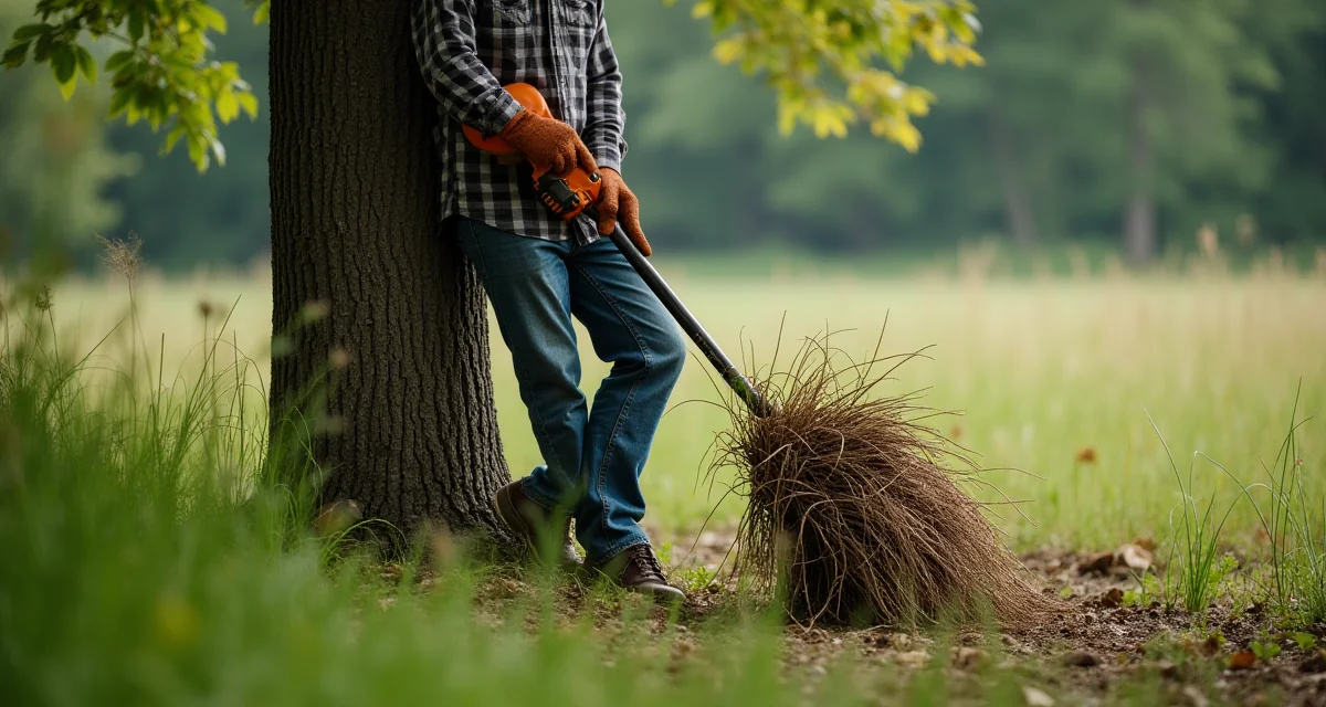 Decespugliatore appoggiato a un albero tra l'erba alta in composizione verticale