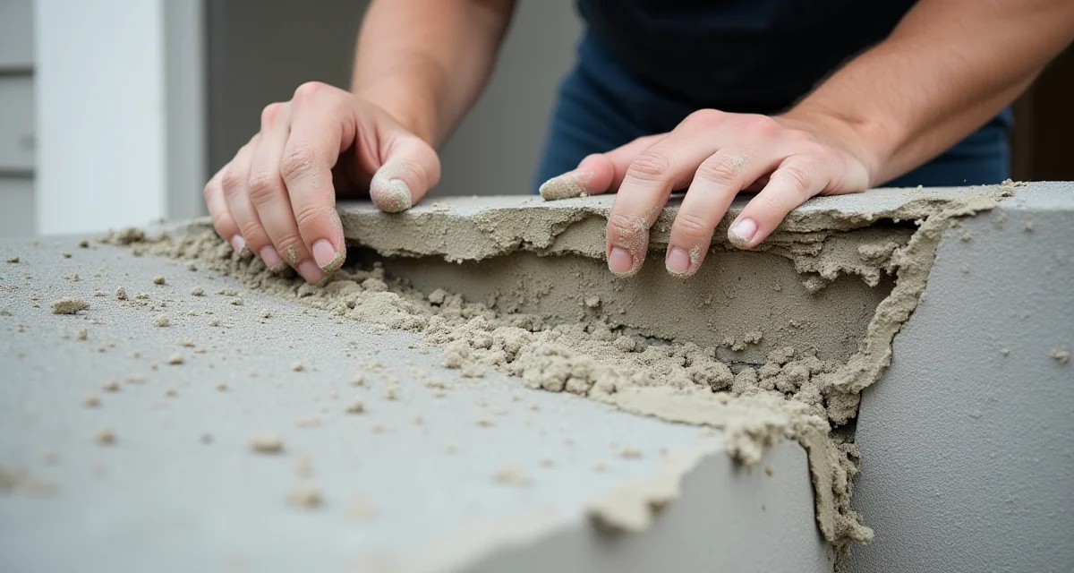Riparazione di un balcone in calcestruzzo con armatura arrugginita esposta e malta fresca applicata ai bordi deteriorati