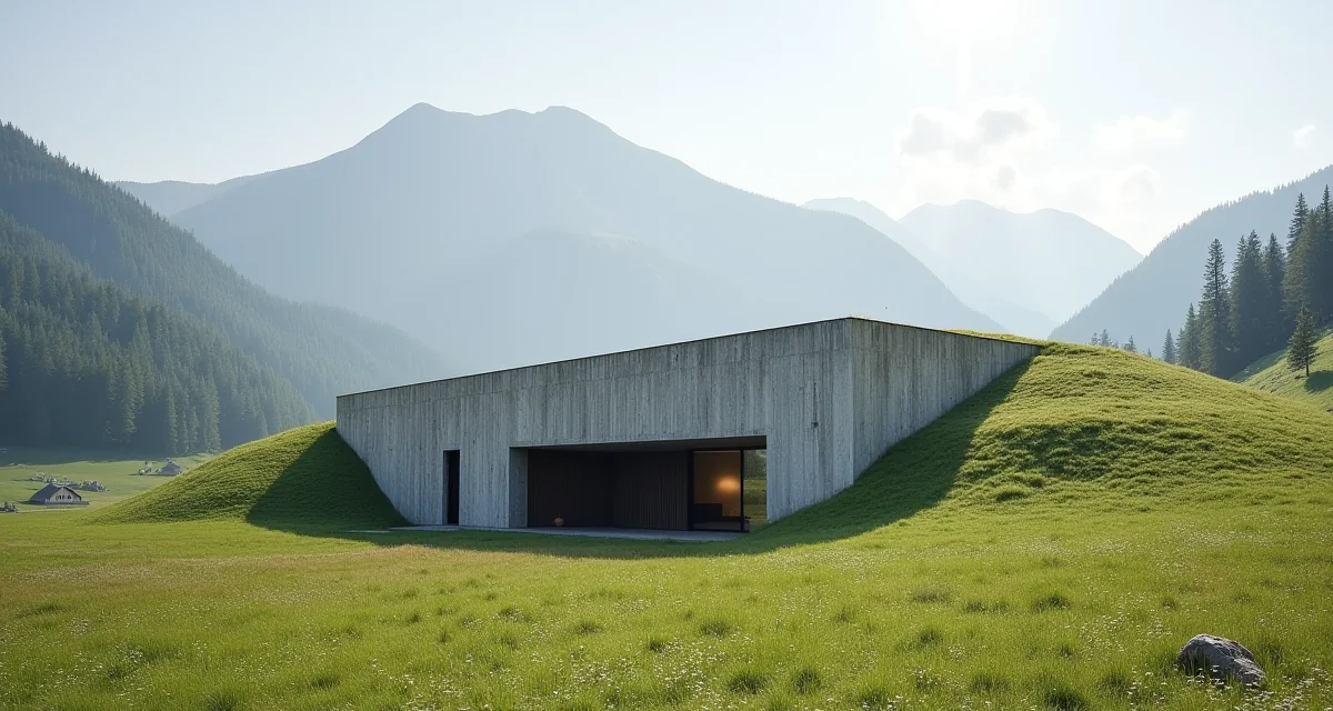 Ingresso del museo Ortles, struttura moderna seminterrata in un prato alpino