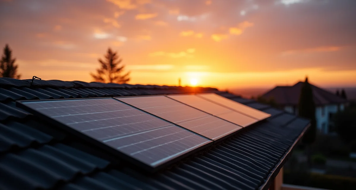 Pannelli fotovoltaici installati sul tetto di una casa al tramonto per produrre energia rinnovabile