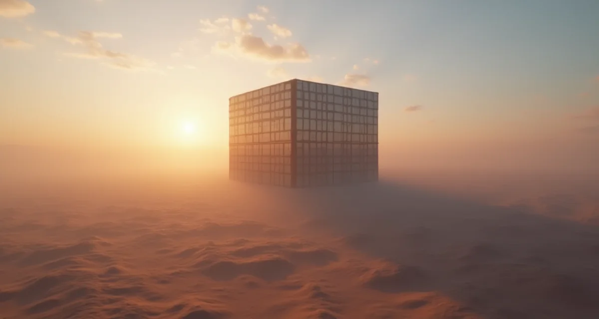 Grattacielo cubico Mukaab che sorge nel deserto durante il crepuscolo con architettura futuristica