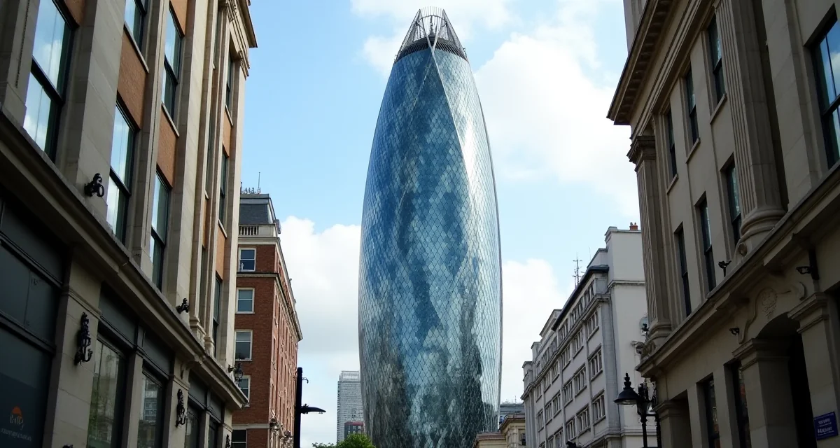 Vista dal basso del grattacielo Gherkin a Londra con facciata in vetro e acciaio sotto la luce diurna