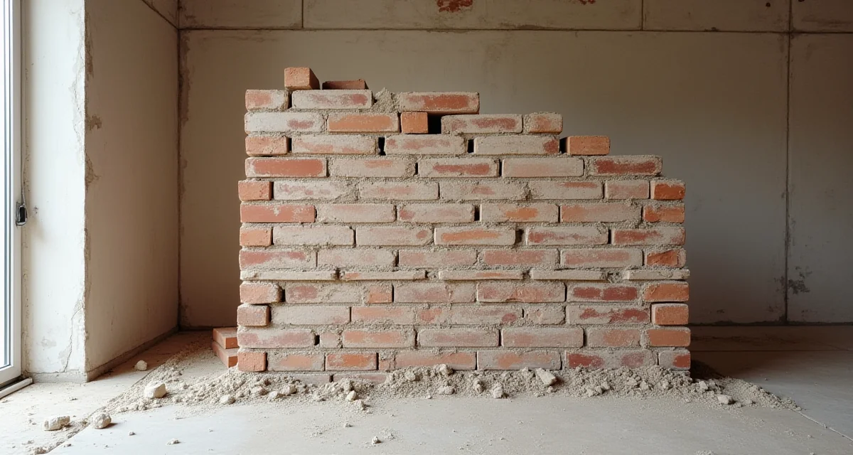 Muro divisorio in mattoni in costruzione con malta e laterizi impilati nel cantiere di ristrutturazione interna