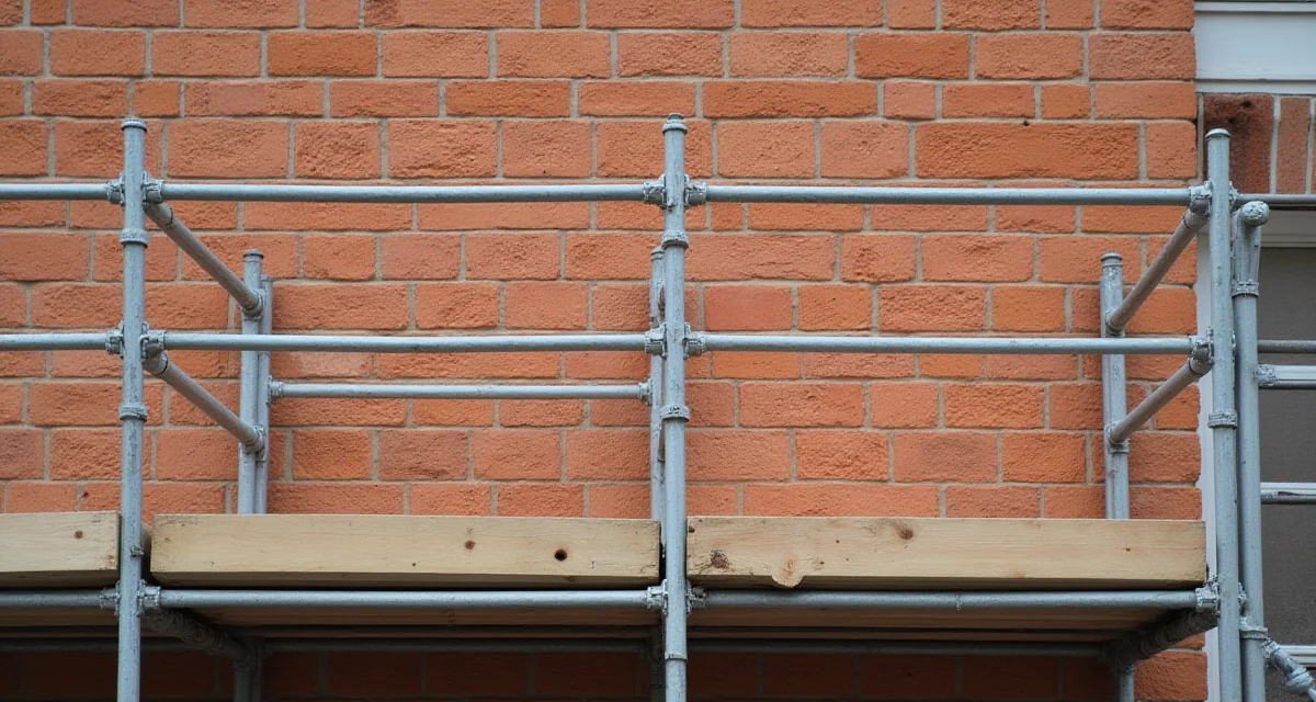 Facciata in mattoni freschi con impalcatura per opere murarie su edificio in costruzione