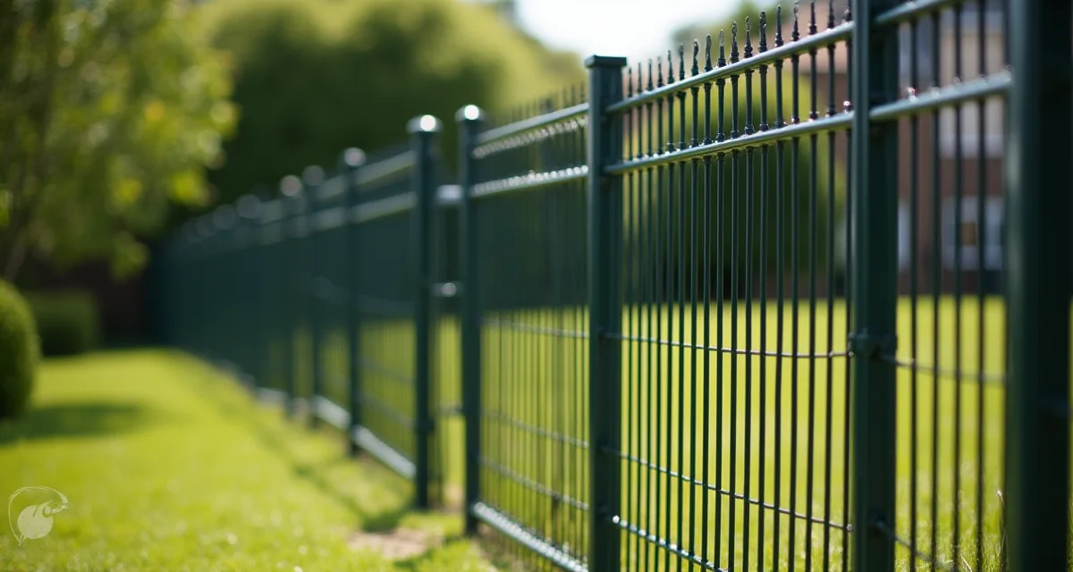 Pannelli metallici modulari per recinzioni installati lungo il confine del giardino in una giornata di sole