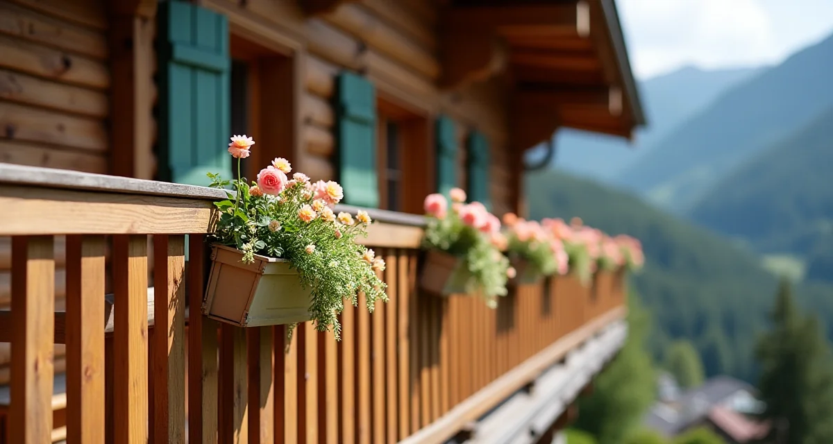 Parapetto in legno con listelli verticali su baita alpina fiorita sotto il sole