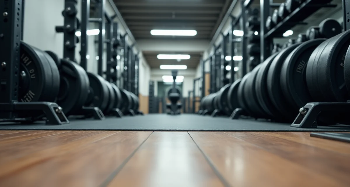 Pavimentazione in laminato e tappetini in gomma nera sotto i rack in una palestra per il fitness