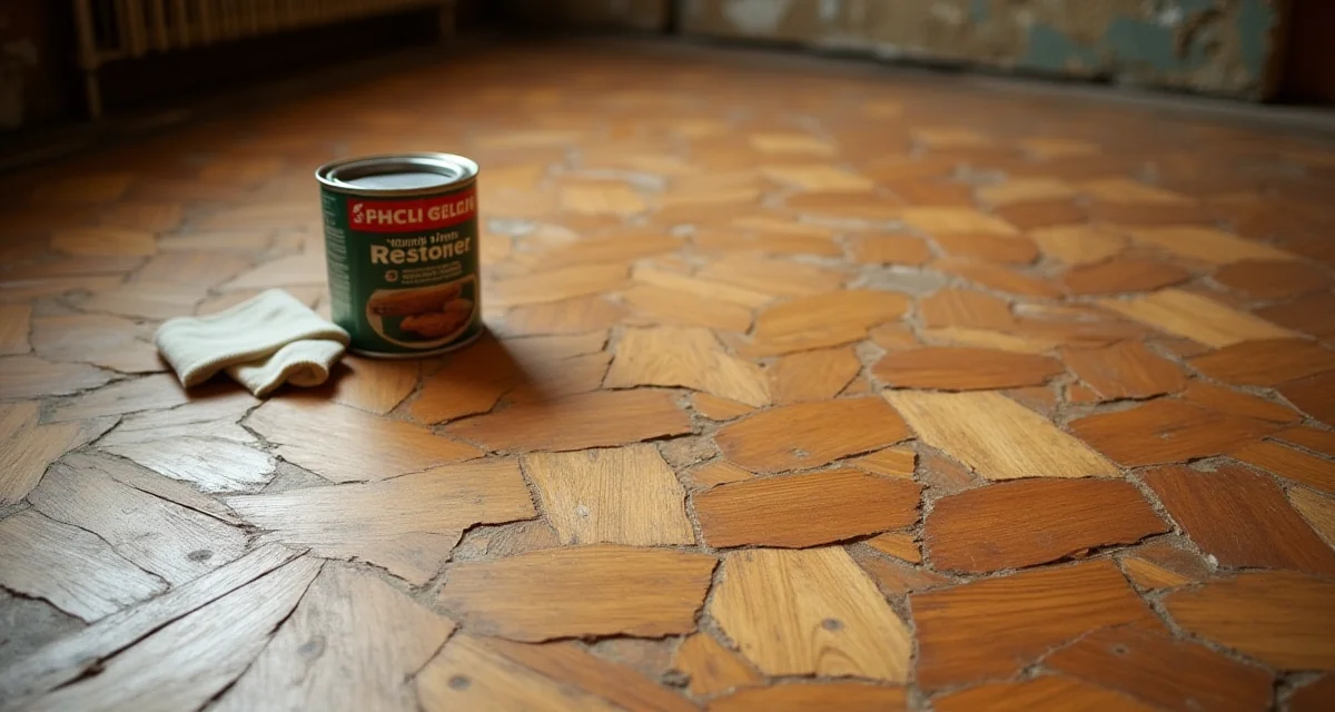 Parquet antico con macchie opache, lattina di restauro e panno per il trattamento del legno