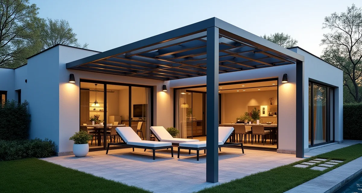 Pergola bioclimatica in alluminio con tende laterali installata su terrazzo residenziale al tramonto