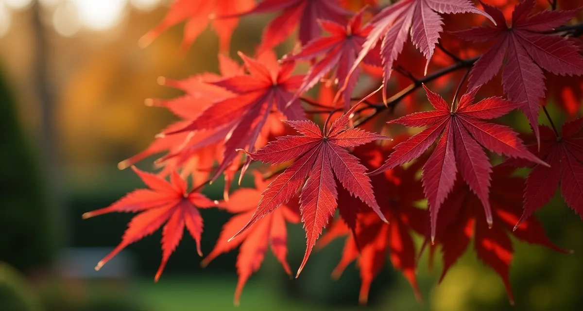 Foglie rosse di acero giapponese illuminate dal sole autunnale nel giardino