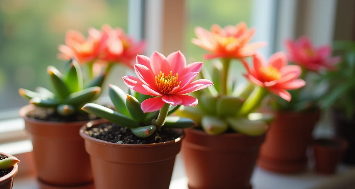 Vaso con piante grasse fiorite rosa e arancione sul davanzale soleggiato