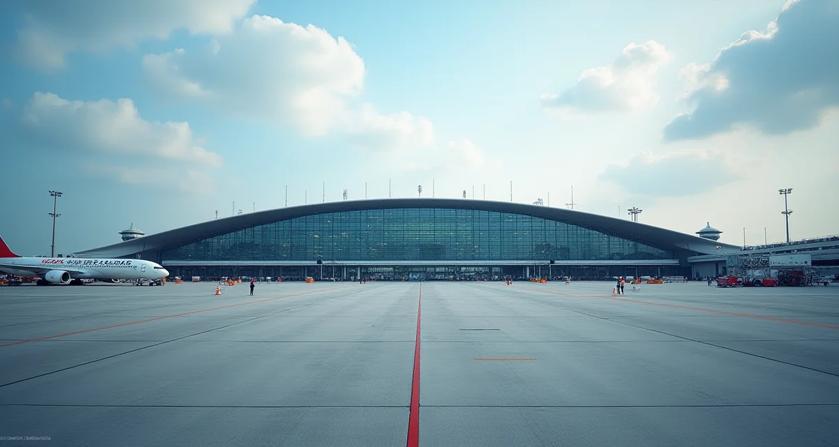 Vista aerea del tetto curvo di un moderno terminal aeroportuale con struttura in acciaio e vetro