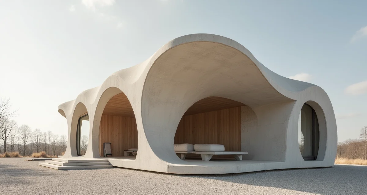 Casa sperimentale svizzera con parete curva in calcestruzzo stampato in 3D e tetto in legno sotto la luce del giorno