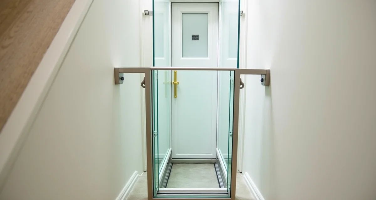 Ascensore domestico compatto in vetro installato nel vano scala con interni luminosi e design moderno