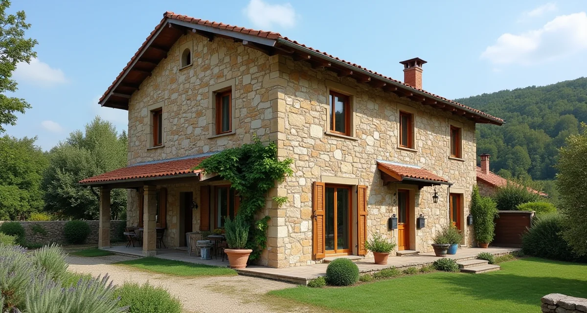 Casa di campagna in pietra ristrutturata con nuove finestre in legno e tetto rinnovato nel paesaggio italiano