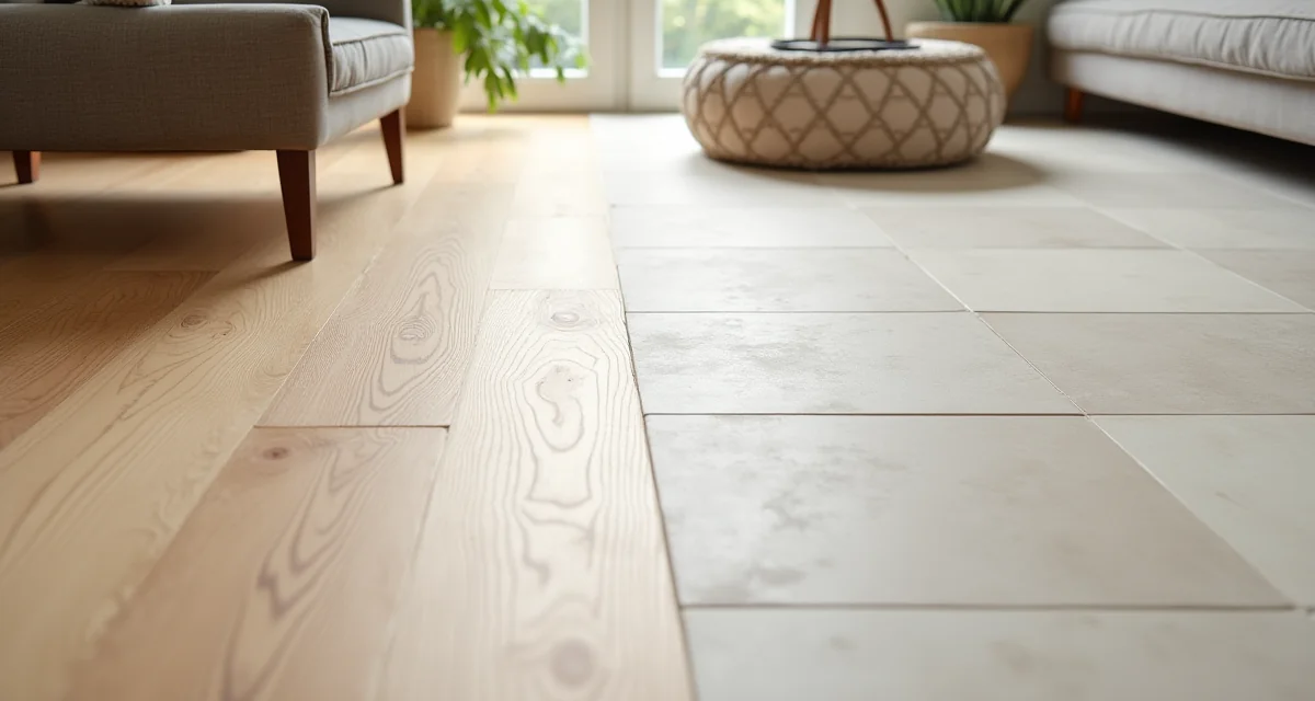 Parquet di rovere che si incontra con piastrelle ceramiche sul pavimento del soggiorno per un confronto visivo
