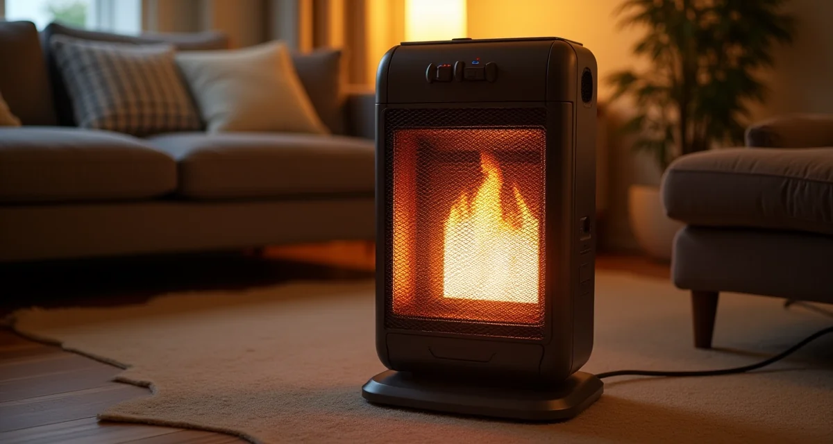 Stufa catalitica portatile con pannello incandescente e alloggiamento per bomboletta gas in un soggiorno