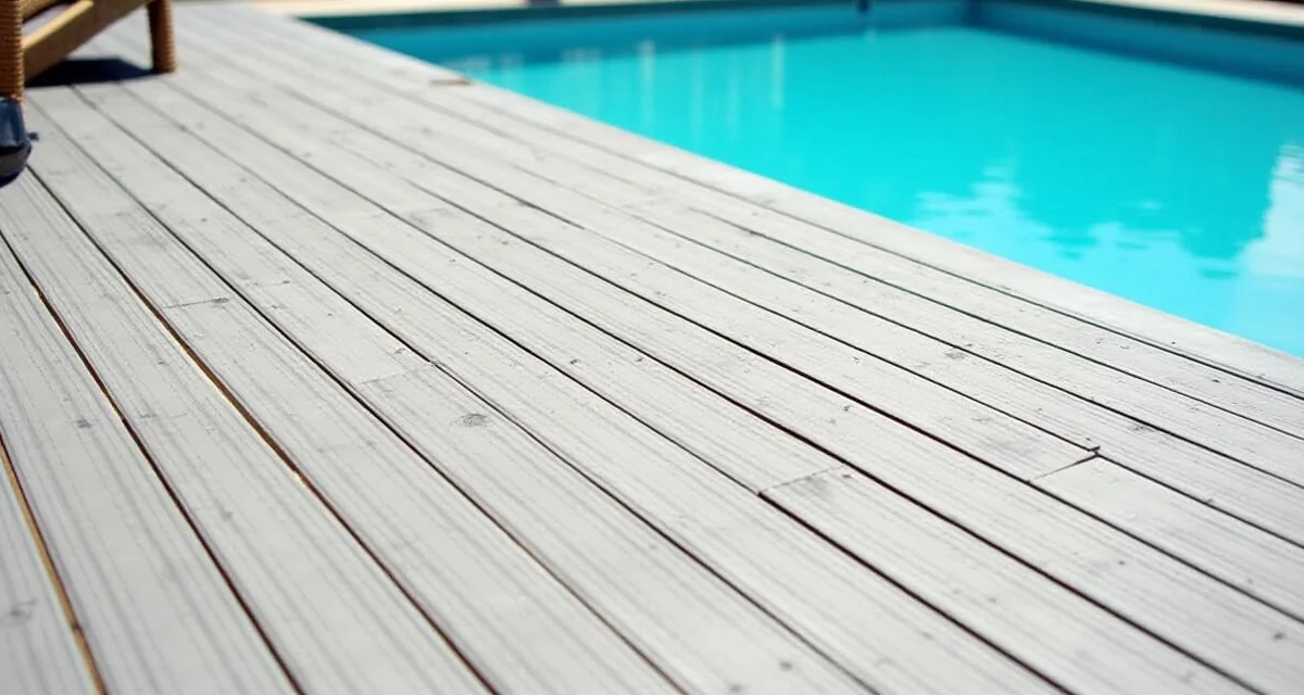 Terrazza in Tecnodeck con tavole grigie accanto alla piscina sotto il sole