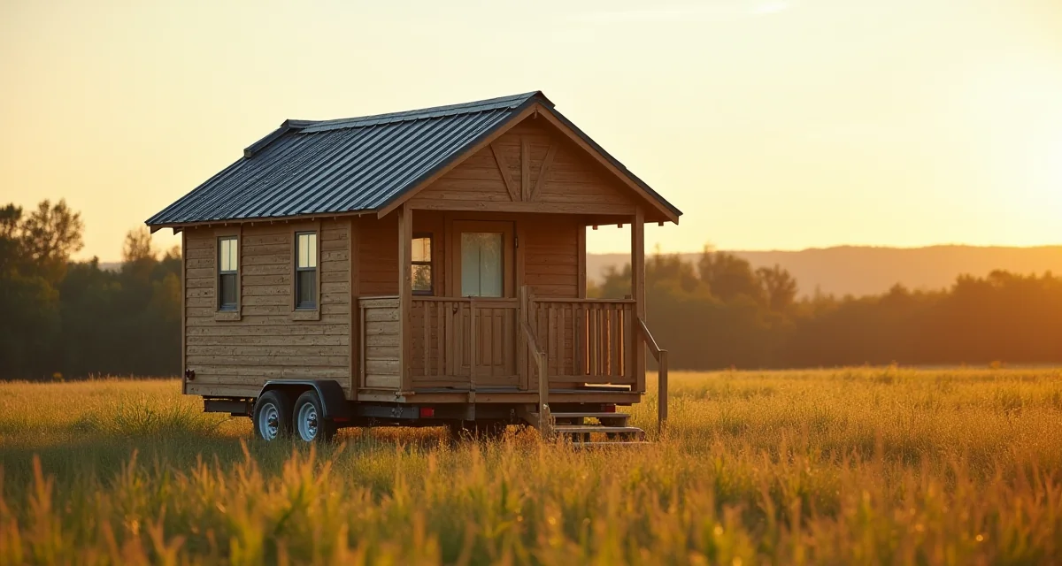 Tiny house su ruote con veranda in legno illuminata dalla luce dorata del tramonto