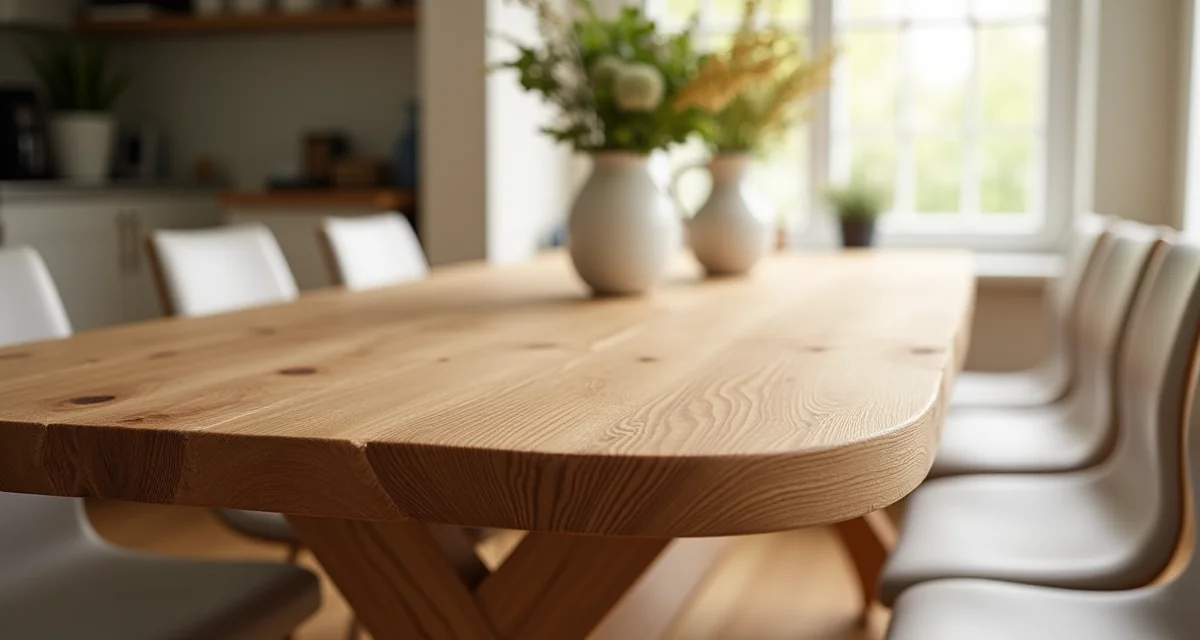 Tavolo da pranzo massello in rovere con venature naturali e bordo grezzo in ambiente luminoso