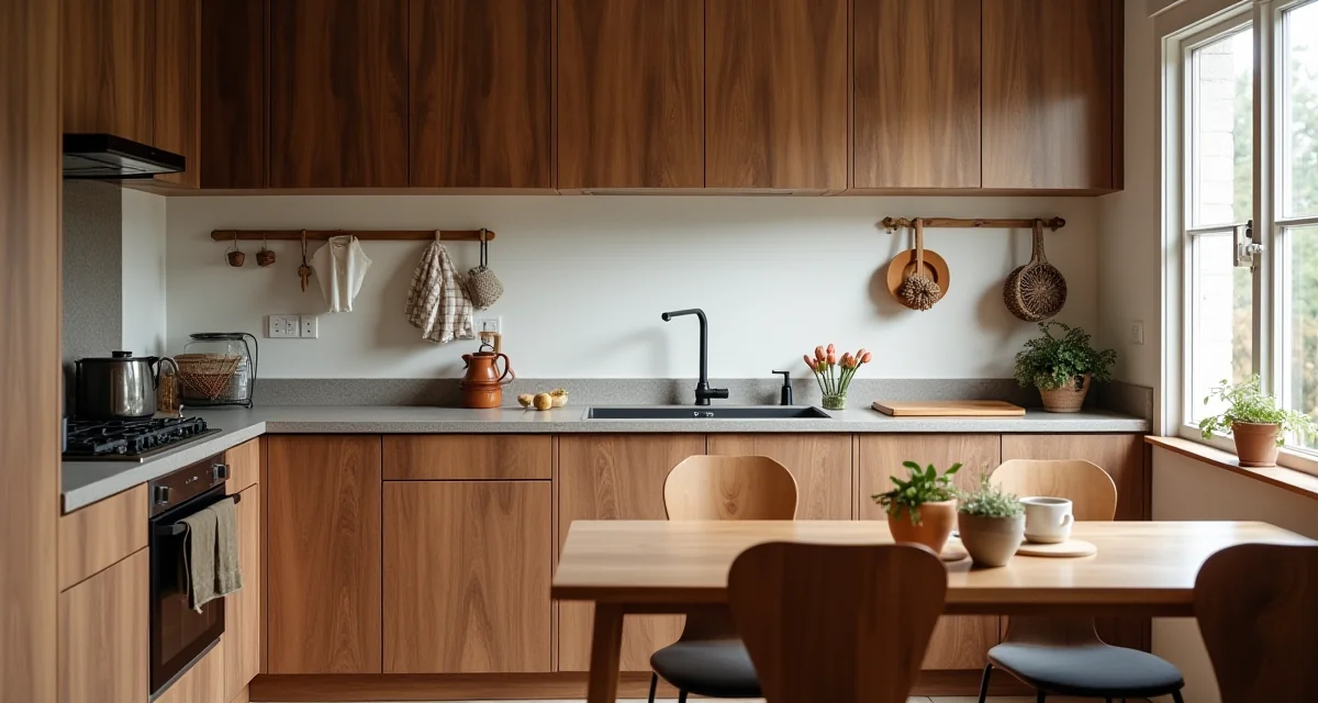 Cucina con armadi in noce massello e piano di lavoro in legno, illuminata dalla luce naturale