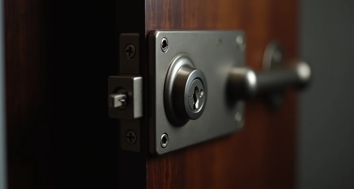 Dettaglio di una porta blindata con serratura multipunto in acciaio e finitura legno scuro