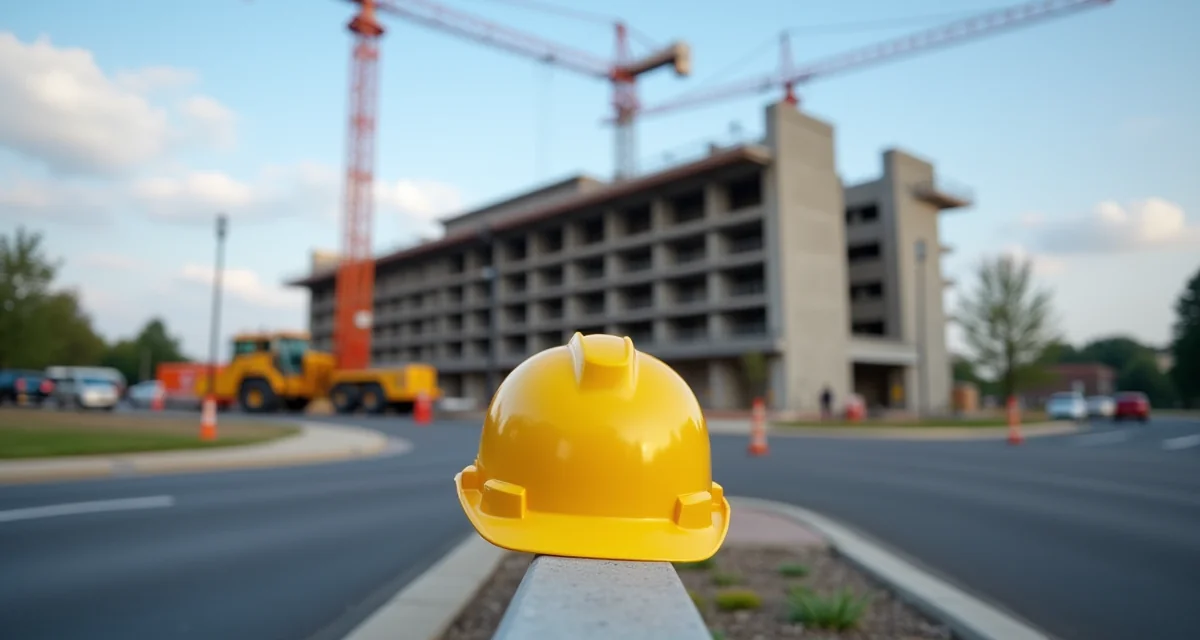 Cantiere di opere pubbliche con gru torre e ponteggi su edificio comunale in calcestruzzo