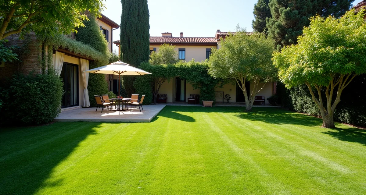 Giardino italiano con palme e magnolie su prato curato e terrazza con mobili da giardino in una giornata di sole