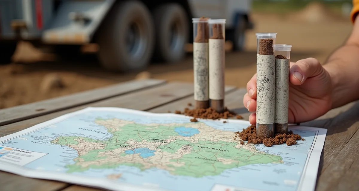 Campioni di terreno in provette etichettate e mappa geologica su tavolo da cantiere presso trivella