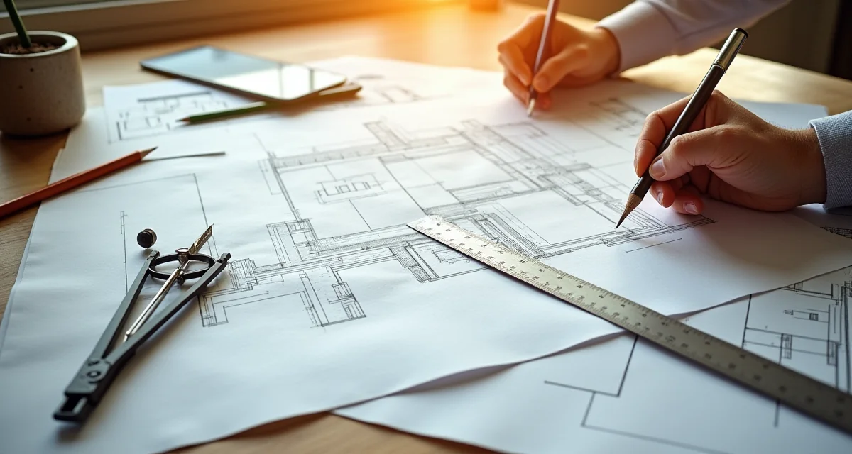 Disegni architettonici su scrivania in legno con compasso, matita e righe sotto luce naturale calda