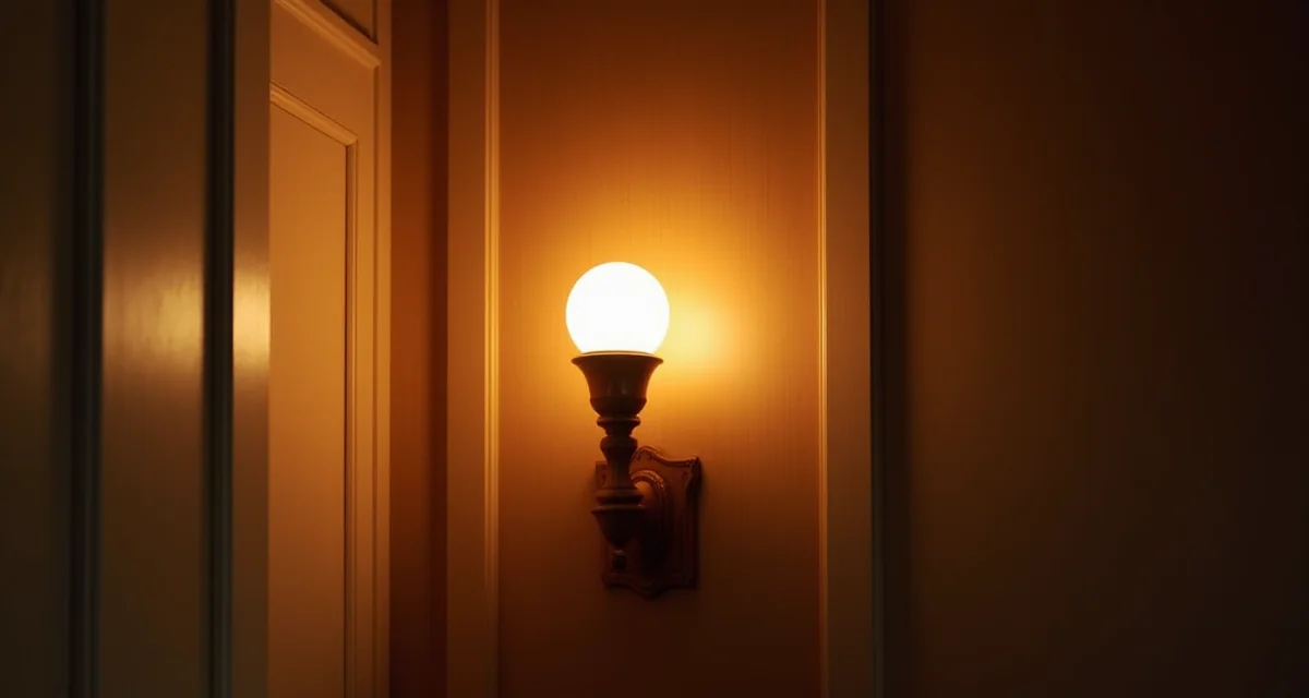 Applique in legno montata su pannellatura lignea con illuminazione calda per un dettaglio d'interno accogliente