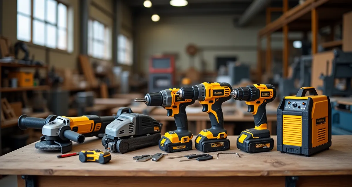 Attrezzi da cantiere e per il fai da te disposti in officina