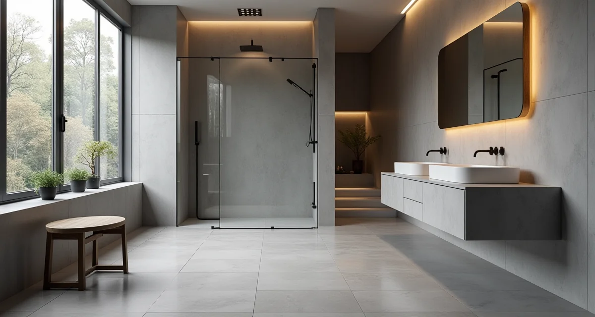 Bagno moderno con pareti e pavimento in resina grigia continua, doccia a filo pavimento e mobile sospeso