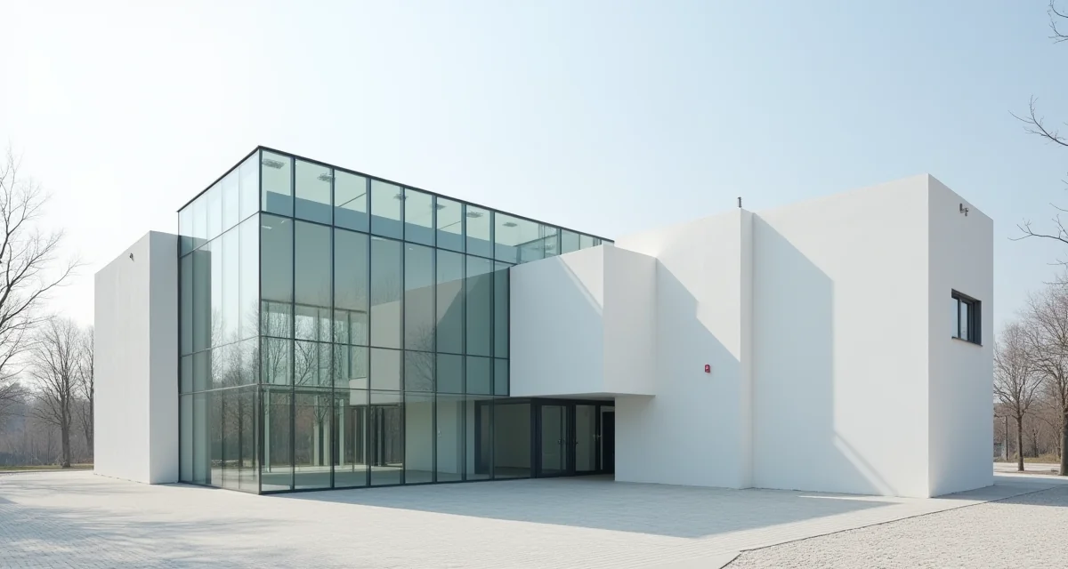 Facciata in vetro e volumi bianchi geometrici del palazzo della scuola Bauhaus a Dessau sotto cielo sereno