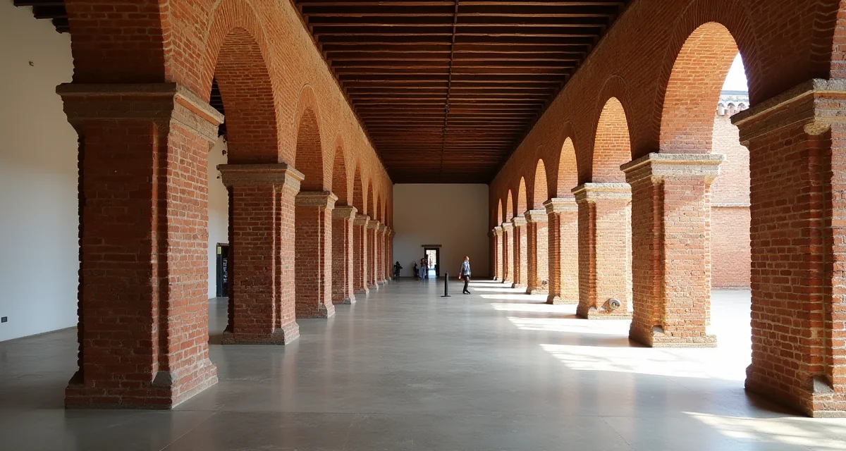 Installazione architettonica tra colonne in mattoni dell'Arsenale di Venezia con illuminazione calda