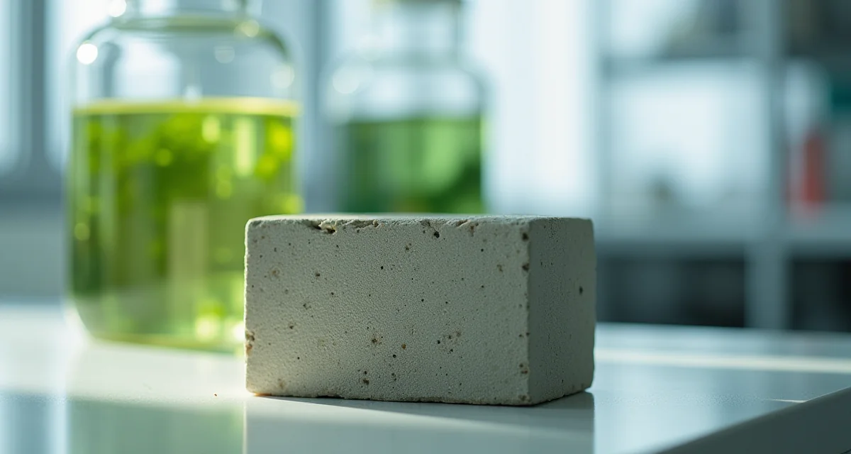 Pietra di bio-cemento con texture organica accanto a coltura di alghe in laboratorio