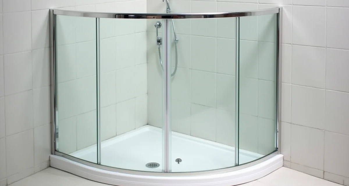 Box doccia semicircolare in vetro con telaio cromato in un bagno moderno rivestito di piastrelle chiare e illuminate