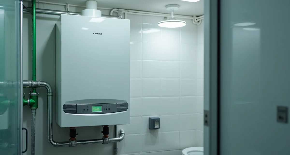 Caldaia a condensazione moderna con raccordo per tubazione dell'idrogeno verde in un ambiente tecnico pulito