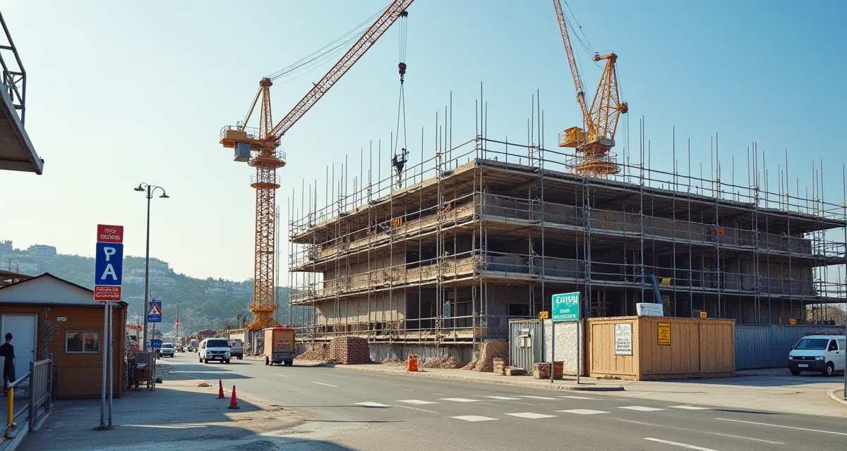 Cantiere edile con gru, ponteggi e capannone uffici sotto la luce del giorno