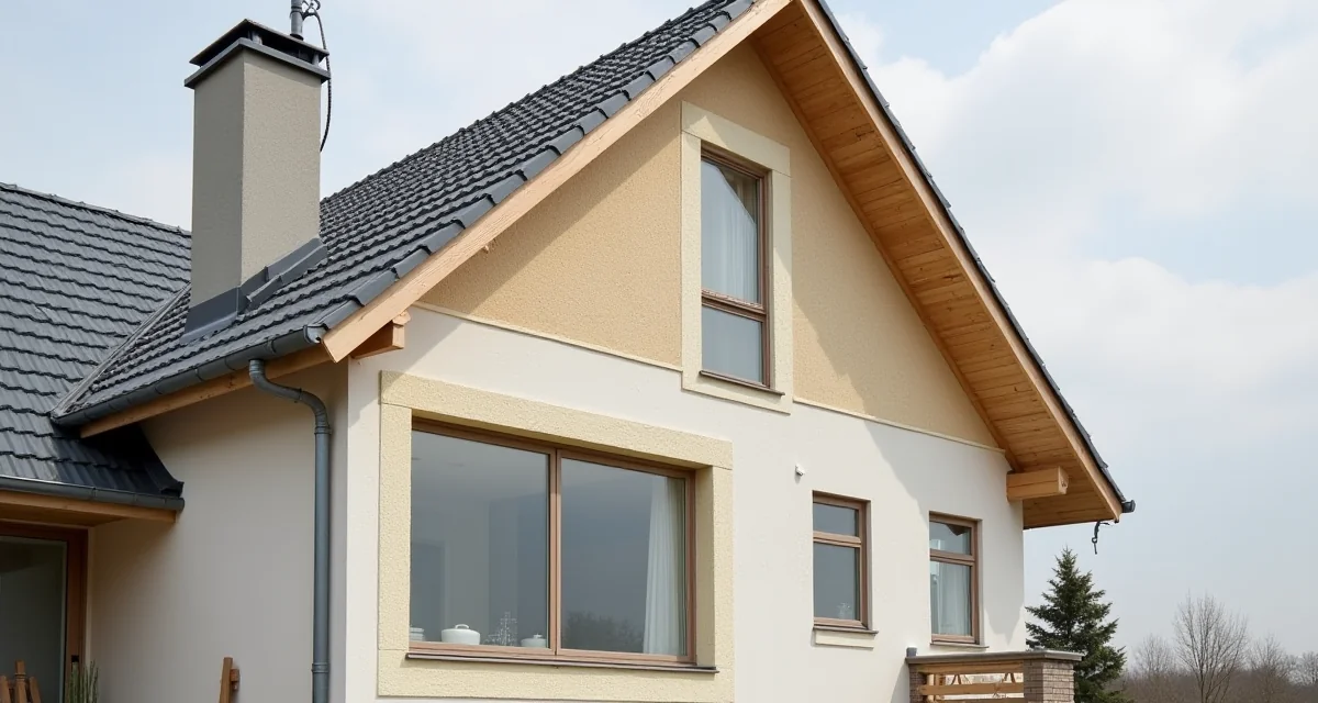 Casa con isolamento alternativo che mostra tetto coibentato e tubazione per insufflaggio nella parete esterna