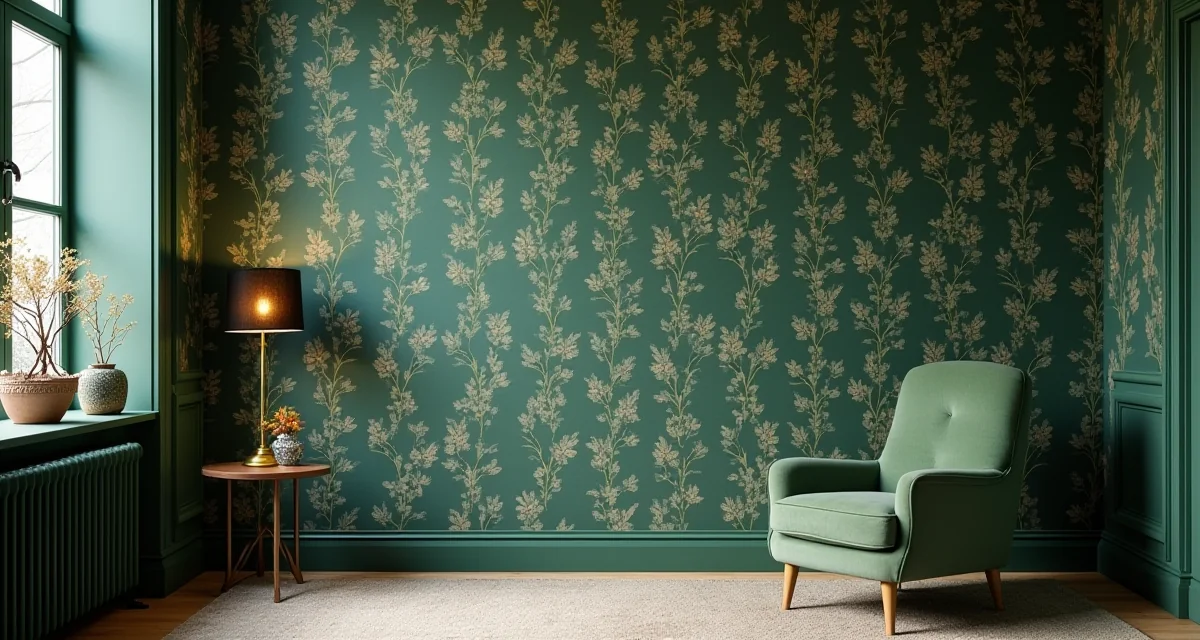 parete rivestita con carta da parati botanica verde, poltrona in velluto e lampada ottone