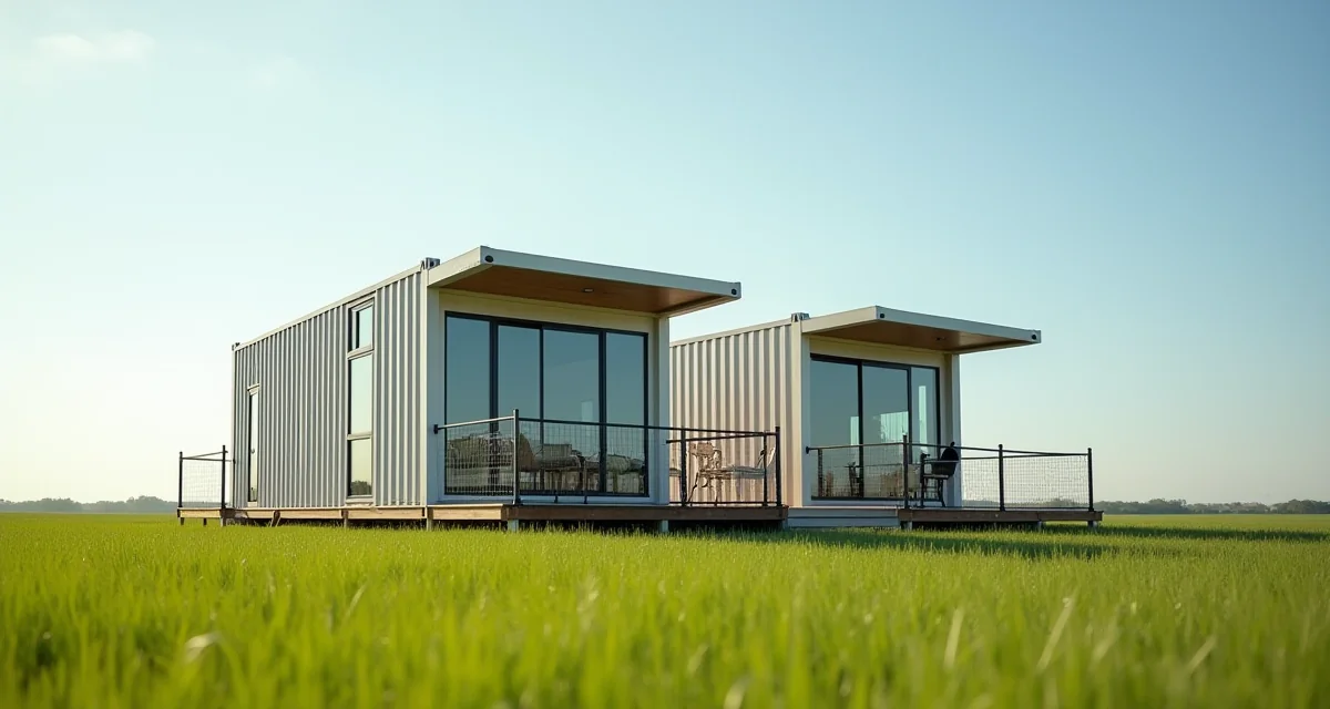 Casa moderna realizzata con due container convertiti, dotata di ampie finestre e terrazza in un prato verde sotto il sole
